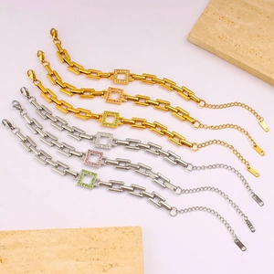 Elegant 18K gold plated square link bracelet with colorful zircon stones on white background