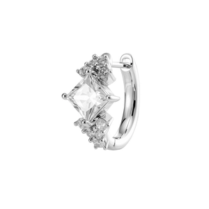 Elegant silver hoop earring with a square princess-cut cubic zirconia and side stones