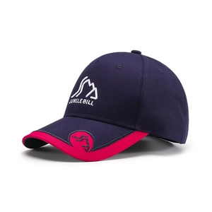 Navy blue baseball cap with JUNGLE BILL 3D embroidery and pink trim accents