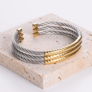 Three-layer steel wire cable cuff bracelet in gold and silver finish for men