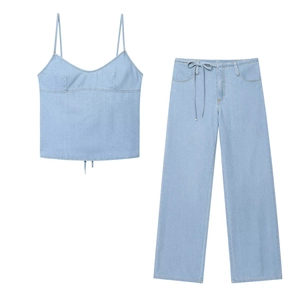 Damen Western-Stil Denim Top And Bottom Hellblau Cami Schleife Rückenfrei Top Gerade Hose Polyester Freizeitset
