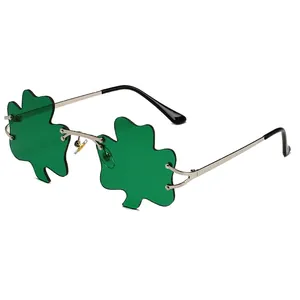 Green shamrock shaped sunglasses with silver metal frame for Saint Patrick's Day celebration