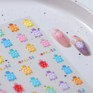 Stickers à ongles 5D avec jolies tortues de dessin animé colorées et texture en relief