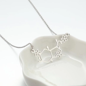 Zilveren chemische molecuul ketting met bloem hanger in witte keramische schaal