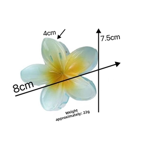 Detail view of gradient flower hair claw with dimensions of 8cm length and 7.5cm height