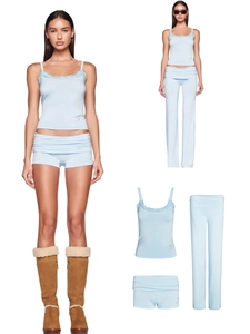 Women Loungewear Ribbed Camisole Top And Shorts And Pants Lace Trim Rhinestone Detail Viscose Modal Sleepwear