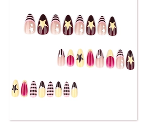 Almond press-on nails set featuring gold stars and stripes in burgundy and pink hues