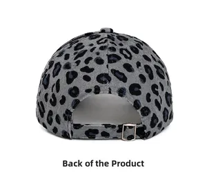 Back view of leopard print corduroy baseball cap with adjustable metal buckle detail