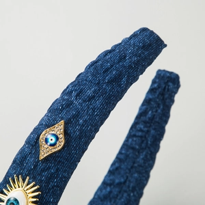 Denim sponge headband with crystal devil eye charm and pleated texture for women