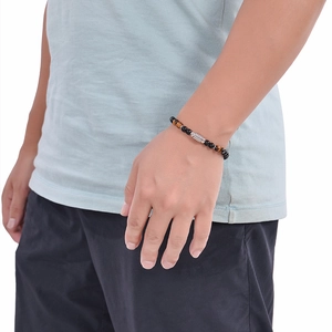 Men's 6mm obsidian and tiger eye beaded bracelet with silver textured metal accent
