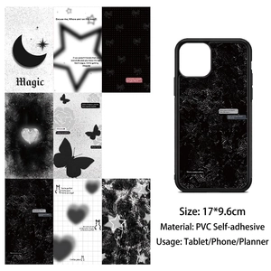 Minimalist black and white PVC stickers for phone case decoration featuring stars and moon