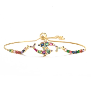 Detail of dolphin charm bracelet with multi-color zircons and gold-plated slider chain