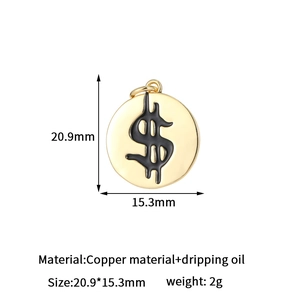 Golden round dollar sign charm with dimensions 20.9 by 15.3mm and material specs
