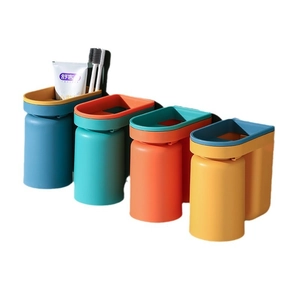 Four-piece wall-mounted toothbrush holder set with colorful cups and storage slots