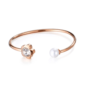 Rose gold flower open cuff bracelet with white pearl and crystal flower detailing