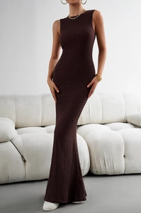Detailed view of dark brown sleeveless maxi dress featuring elegant pleated fabric texture