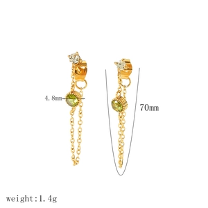 Golden tassel earrings with 4.8mm green zircon stones and 70mm drop length for women