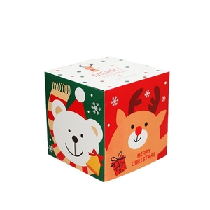 Cartoon Christmas gift box featuring polar bear and deer designs in red and green colors
