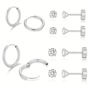 Minimalist silver stainless steel hoop earrings and round cubic zirconia stud set
