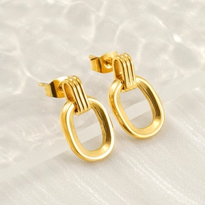 Minimalist gold stainless steel geometric oval drop earrings with textured details