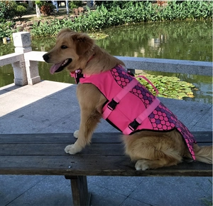 Pink mermaid dog life jacket with dorsal handle and safety buckles for outdoor swimming