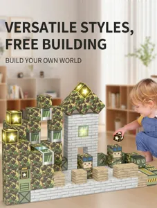 Detail of military magnetic building blocks set with glowing pieces and mini soldier