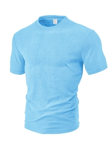 Close-up of the blue waffle textured polyester fabric on the men's short sleeve polo shirt