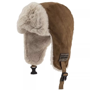 Brown faux suede trapper hat with white plush lining and ear flaps for winter warmth