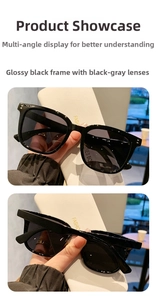 Primer plano de gafas de sol polarizadas cuadradas negro brillante con estuche incluido