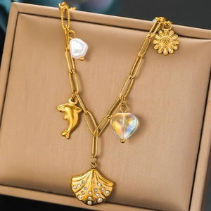 Retro Gold Plated Stainless Steel Necklace With Dolphin Cross Shell Heart Sunflower Charms For Women Vintage Jewelry