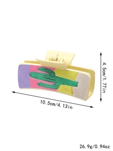 Detailed size view of yellow cactus print hair claw clip measuring 10.5cm by 4.5cm