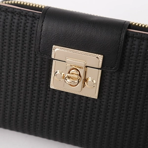 Portefeuille pour femme en cuir PU noir tressé avec boucle métallique carrée dorée