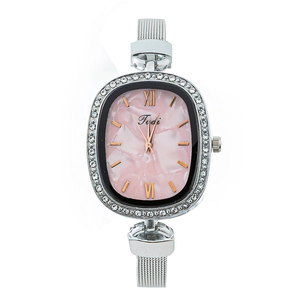 Women's quartz watch with pink marble dial, silver mesh band and diamond bezel