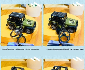 Detail of camouflage jeep keychains with pull-back function and metal ring clips