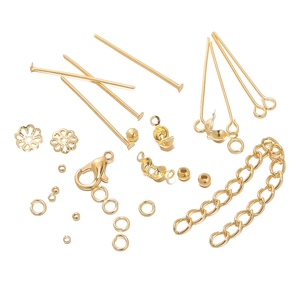 Golden DIY jewelry making kit with lobster clasps, jump rings and extension chains