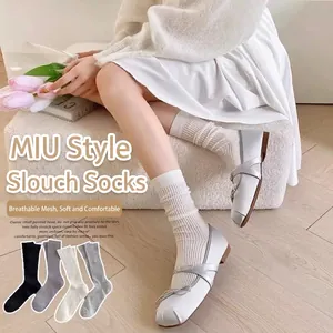 Women Slouch Socks Cotton Ribbed Mesh Breathable Mid-Calf Crew Length Solid Color Ballet Style Thin Summer Hosiery