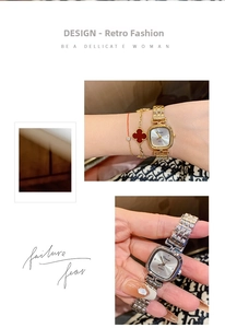 Detail view of square silver dial and multi-link metal watch strap for women
