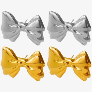 Detailed view of 304 stainless steel bow earrings in silver and gold metallic finish