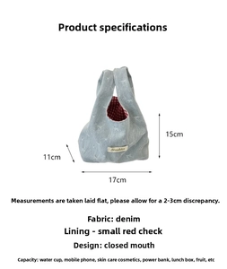 Detail showing denim handbag dimensions 17x11x15cm with red checkered lining