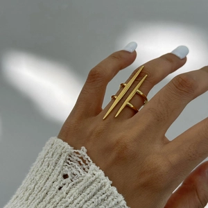 Geometric Parallel Bar Tapered Ring Stainless Steel Gold Plated Modern Minimalist Jewelry For Women