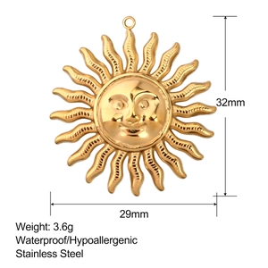 Golden stainless steel sun pendant with face carving, waterproof 32mm jewelry accessory
