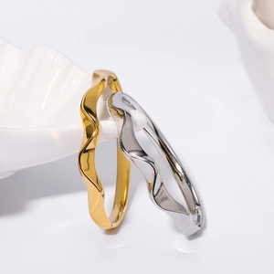 Polished wave pattern open bangles in gold and silver finish, minimalist titanium steel jewelry
