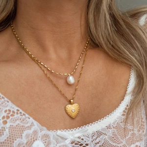 Collier double rang en acier inoxydable plaqué or 18K avec pendentifs perle et cœur