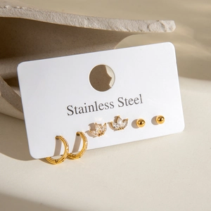 Set de 3 paires de boucles d'oreilles en acier inoxydable, créoles zircon, lotus et billes