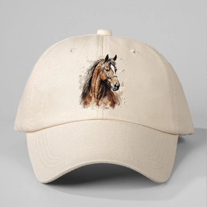 Detailed view of horse print on beige cotton baseball cap with reinforced stitching