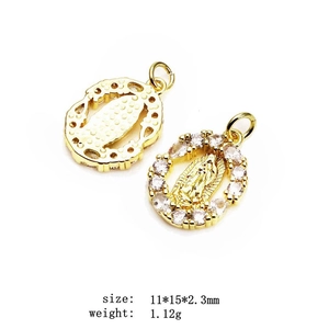 Detail showing gold Virgin Mary oval pendant with zircon borders and镂空 back design