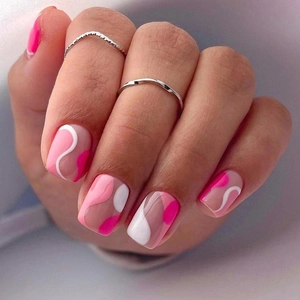 Pink White Wave Pattern Press On Nails Glossy Short Square False Nails Sweet Style Women Manicure Daily Wear