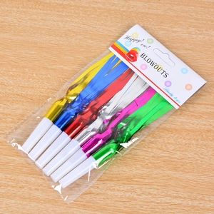 Set of 6 colorful metallic tassel party blowouts with shiny foil fringes for celebrations