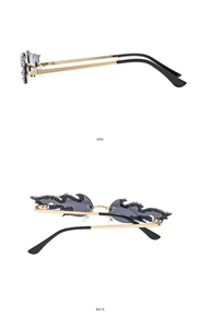 Detail view showing side and back of rimless fire sunglasses with rhinestones and gold temples