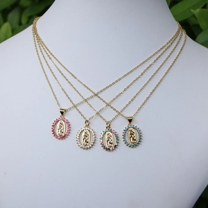 Virgin Mary oval pendant necklace with colorful gemstones on a delicate gold chain